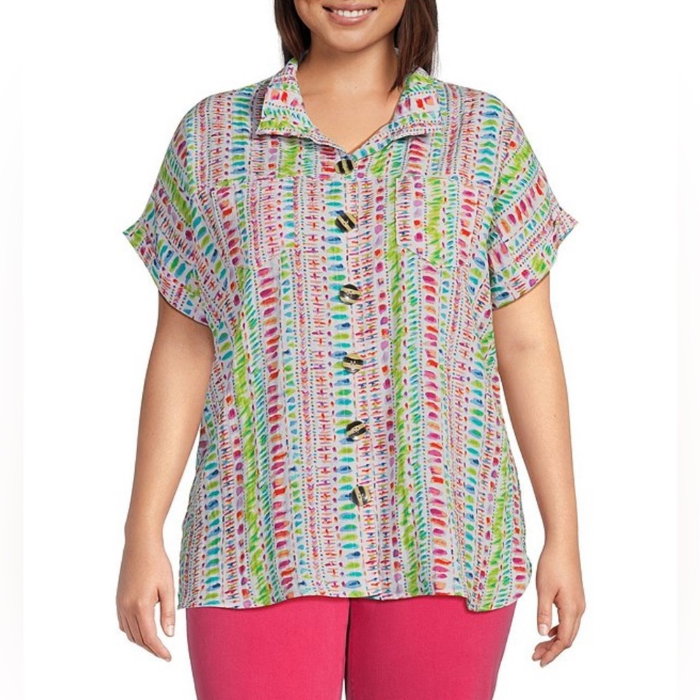NWT John Mark XL Fuchsia Print Wire Collar Short Sleeve Button Front Camp Shirt